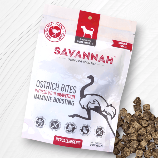 Ostrich Bites with Grapefruit. Hypoallergenic Immune Boosting Dog Treats  - Savannah, 3oz