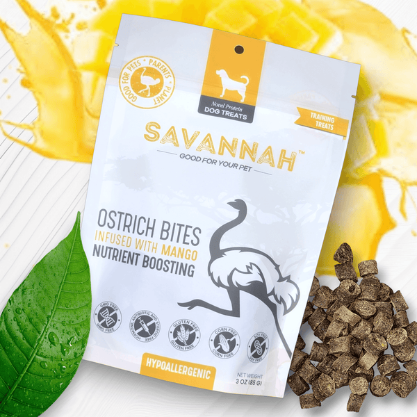 Ostrich Bites with Mango. Hypoallergenic & Nutritious Dog Treats - Savannah, 3oz