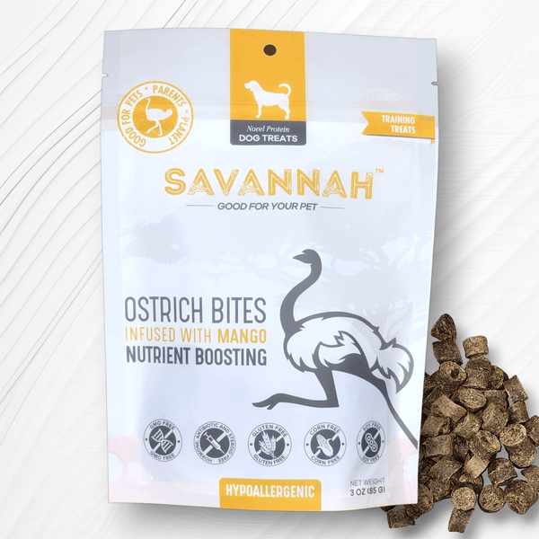 Ostrich Bites with Mango. Hypoallergenic & Nutritious Dog Treats - Savannah, 3oz
