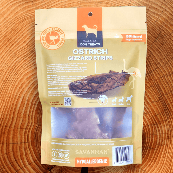 Chewy Ostrich Gizzard Strips. Protein & Omega-3 rich, Natural Dog Chew Treat by Savannah Pet Food