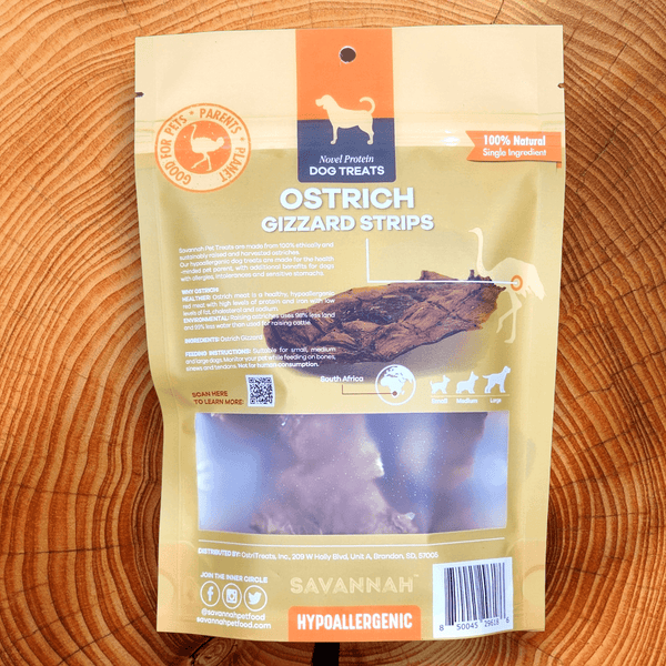 Chewy Ostrich Gizzard Strips. Protein & Omega-3 rich, Natural Dog Chew Treat by Savannah Pet Food